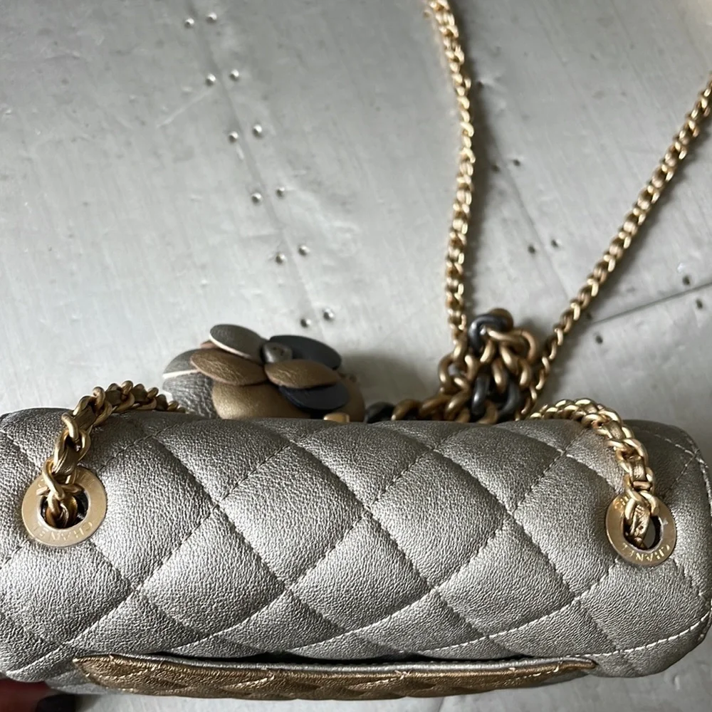 Chanel mini square quilted camellia two toned flap bag 17a bronze silver gold
